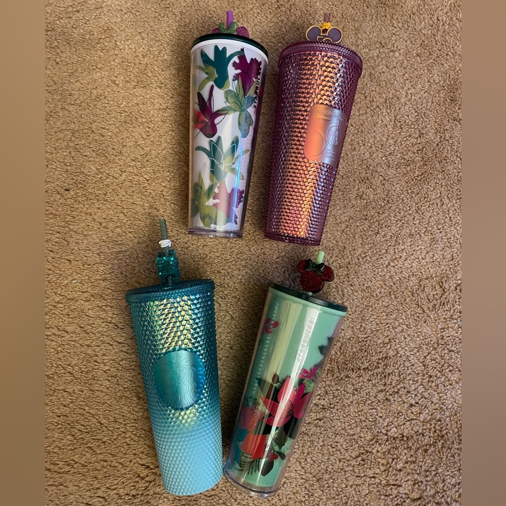 Lot of 4 Starbucks Cold Cup Tumblers w/ Disney straw toppers